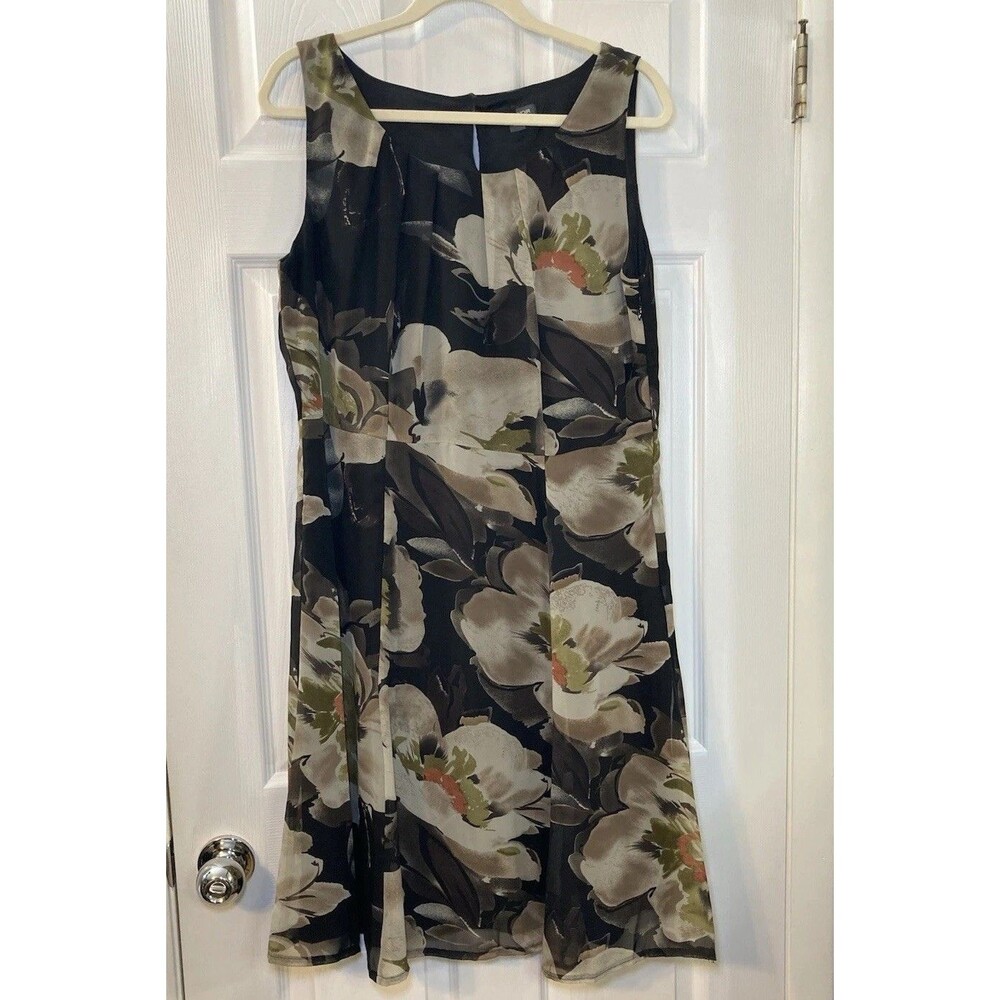 Voir Voir Black Beige Floral Sleeveless Knee Length A-Line Dress Chiffon Size 14